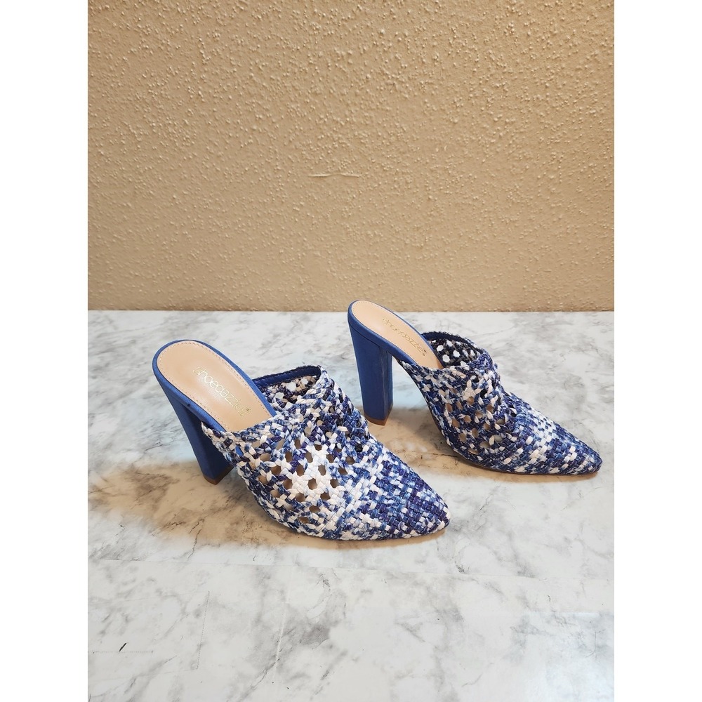 ShoeDazzle Womens 6.5 Blue Woven Kenzie Mules Block Heel Pointed Toe Slip‎ On
